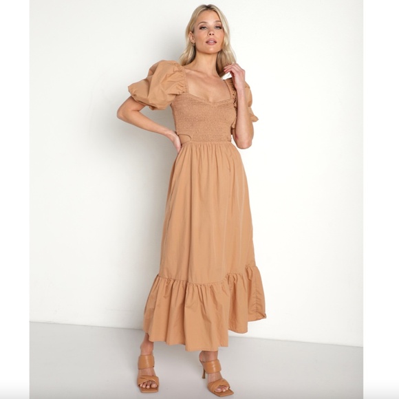 Anthropologie Faithfull the Brand Bloom Smocked Puff Midi Dress, Size 6, Tan - Picture 9 of 9